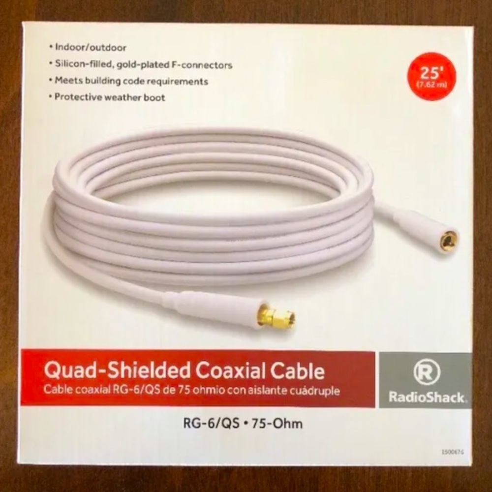 Radio Shack 25 Ft Quad-Shielded Coaxial Cable. RG-6/QS, 75 Ohm. Brand New!